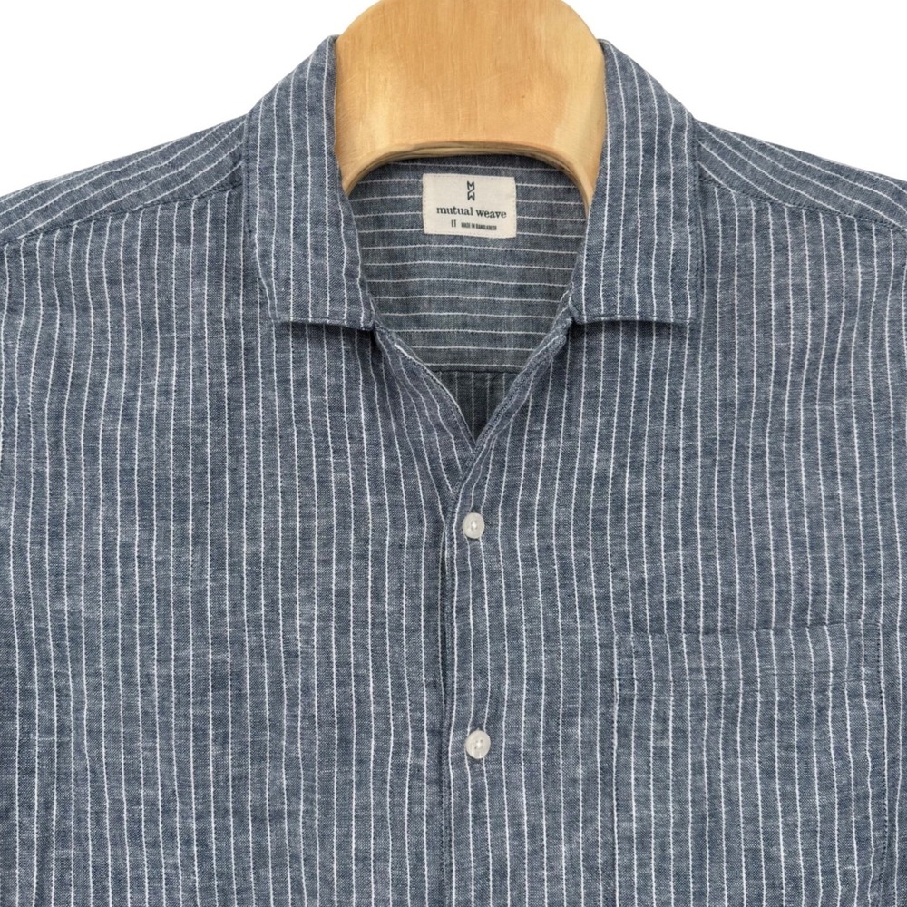 Mutual Weave Button Down Shirt Mens LT Blue Pinstripe Linen Blend Short Sleeve